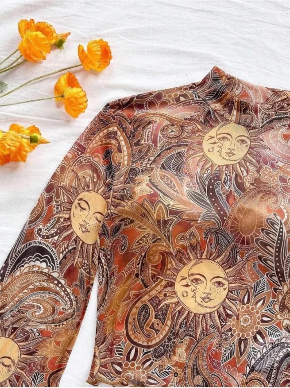 Sun Motif Brown Paisley Long-Sleeve Mesh Top - Picture 2 of 3